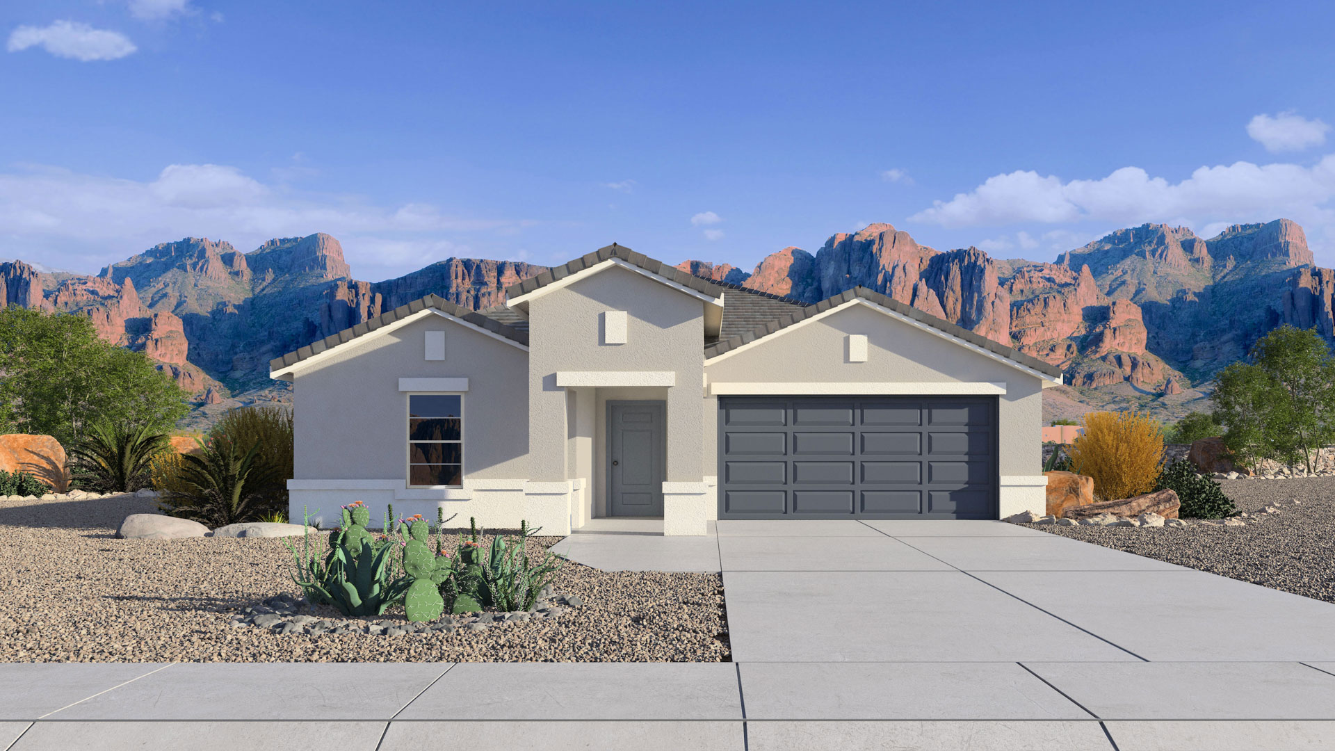 Newly built single-story home with modern architecture, a double garage, and landscaped front yard.