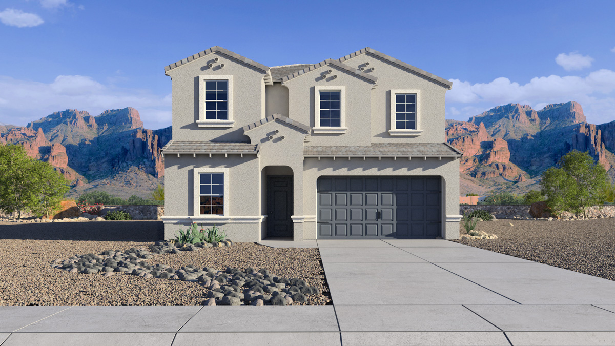 Newly built two-story home with modern architecture, a double garage, and landscaped front yard.