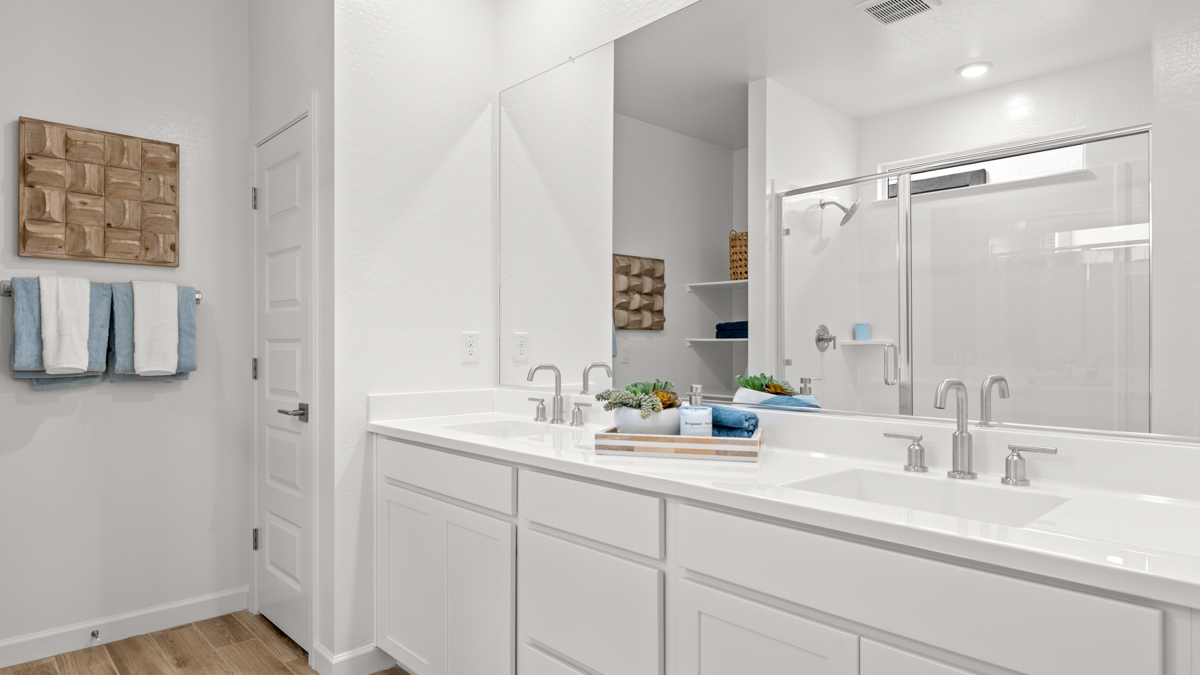 Modern primary bathroom with double vanities, countertops with a walk-in shower and a walk-in closet.
