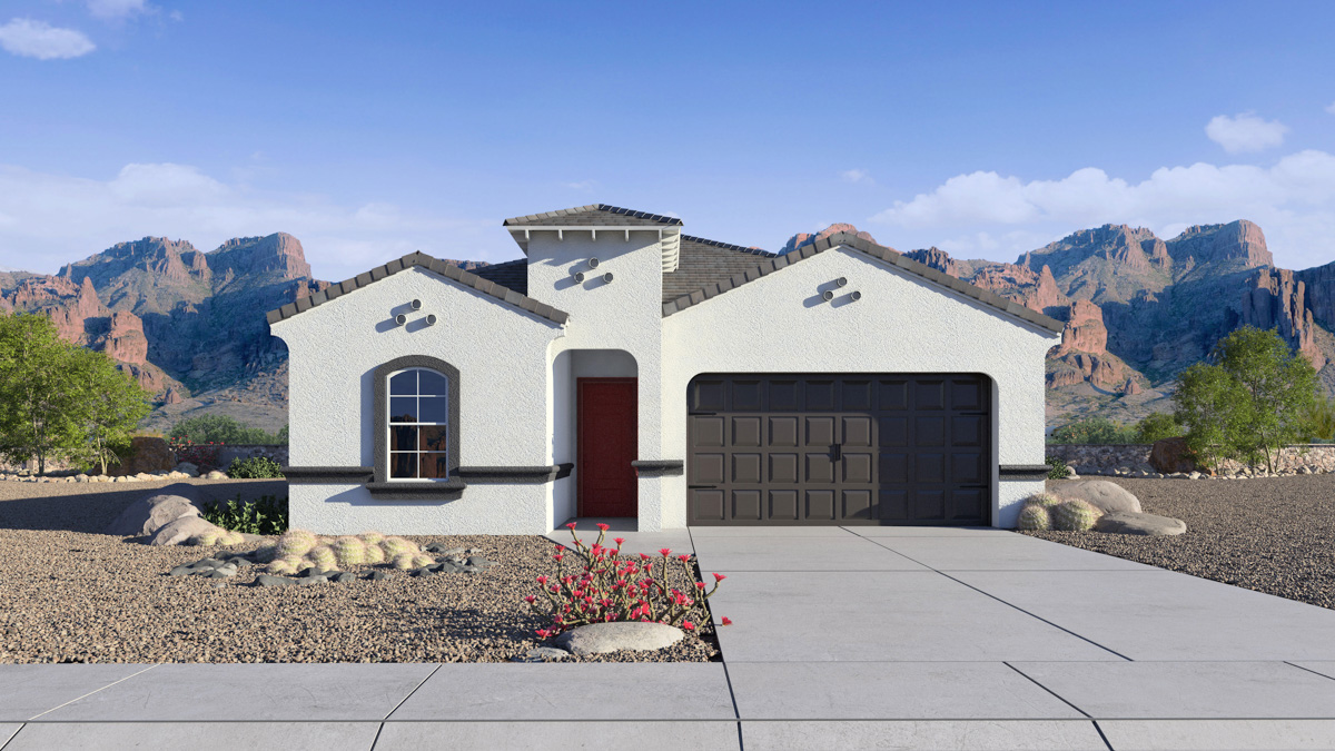 Newly built single-story home with modern architecture, a double garage, and landscaped front yard.