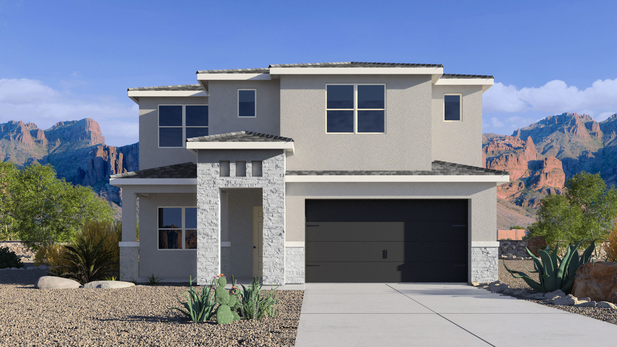 Newly built two-story home with modern architecture, a double garage, and landscaped front yard.