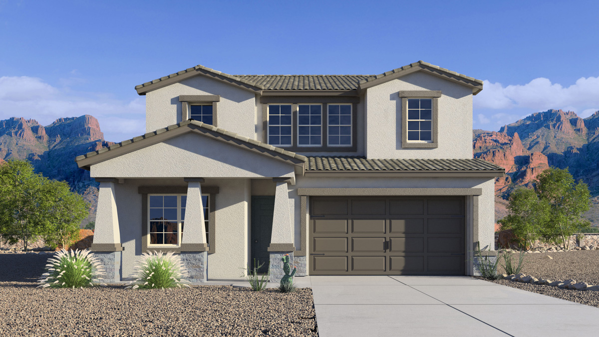 Newly built two-story home with modern architecture, a double garage, and landscaped front yard.