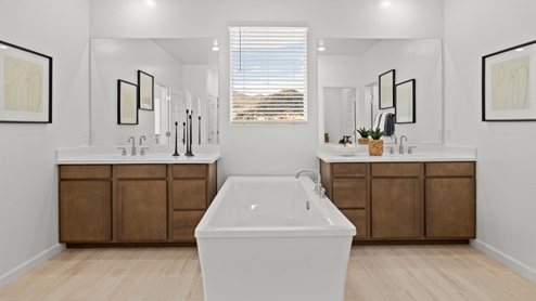 Owner's Suite Bathroom with medium brown cabinets and quartz countertops. Two vanities with large mirrors, and a stand alone bath in the middle.