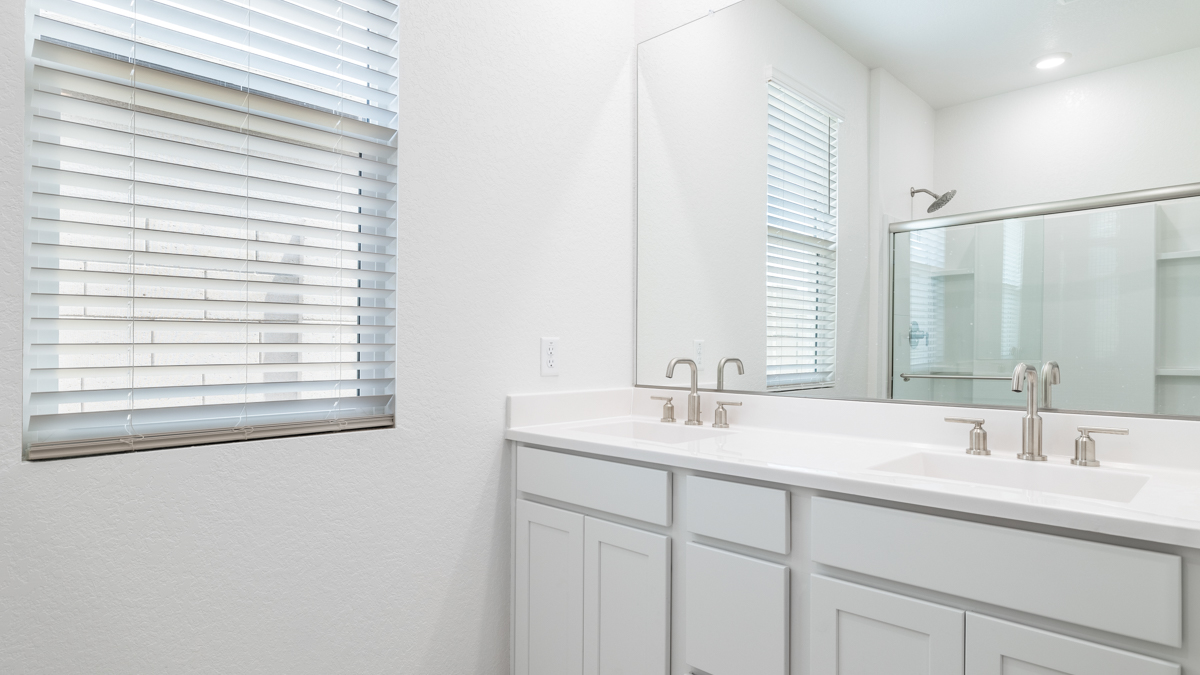 primary bathroom with dual vanities