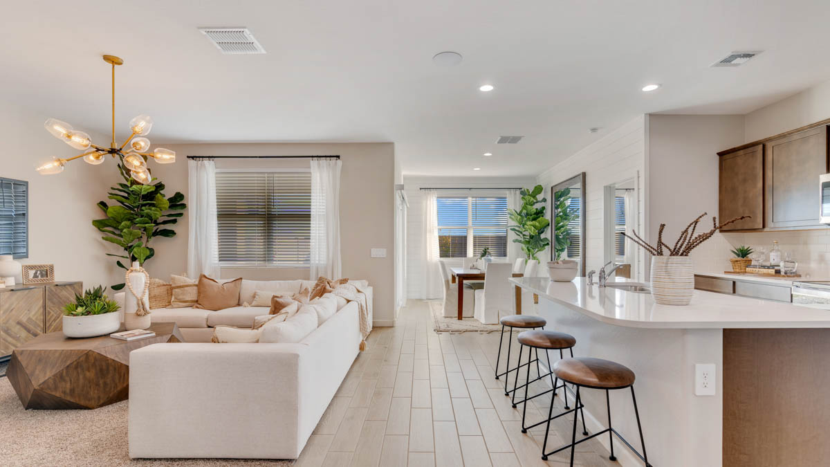 A well-organized living room that includes a kitchen and dining area, creating a warm and welcoming environment for gatherings.