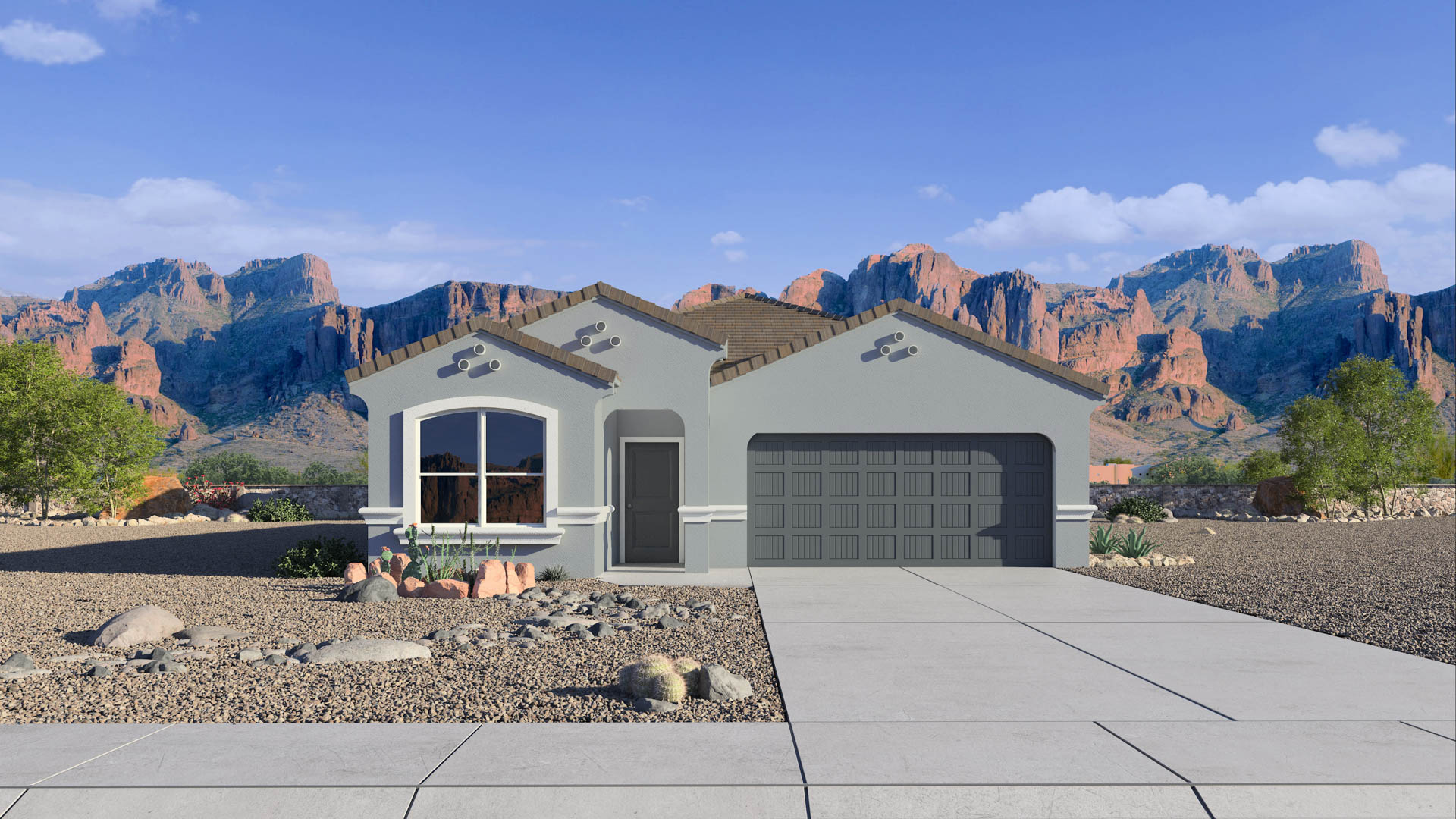 Newly built single-story home with modern architecture, a double garage, and landscaped front yard.