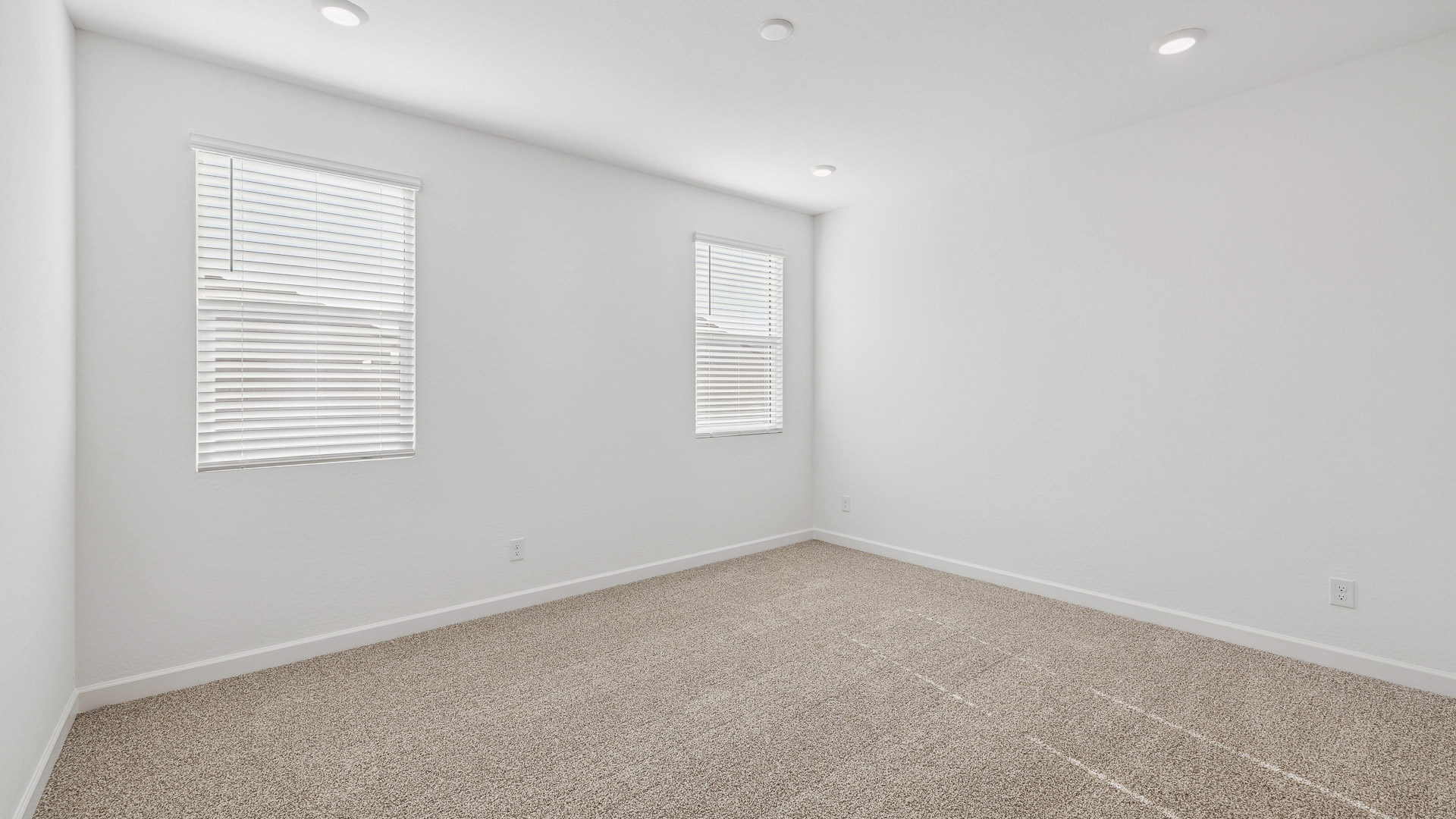 Primary bedroom with ceiling fan, plush carpeting, and a large walk-in closet.
