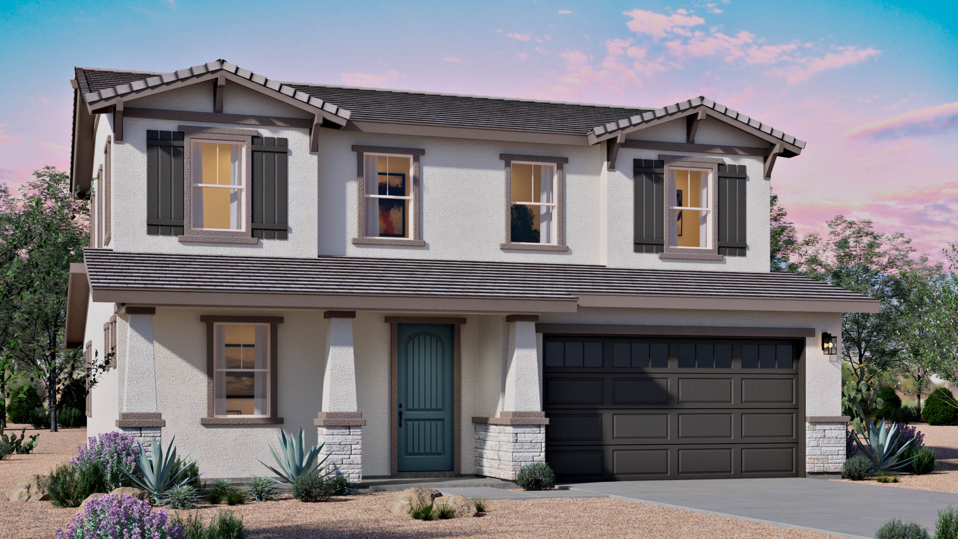 Newly built two-story home with modern architecture, a double garage, and landscaped front yard.
