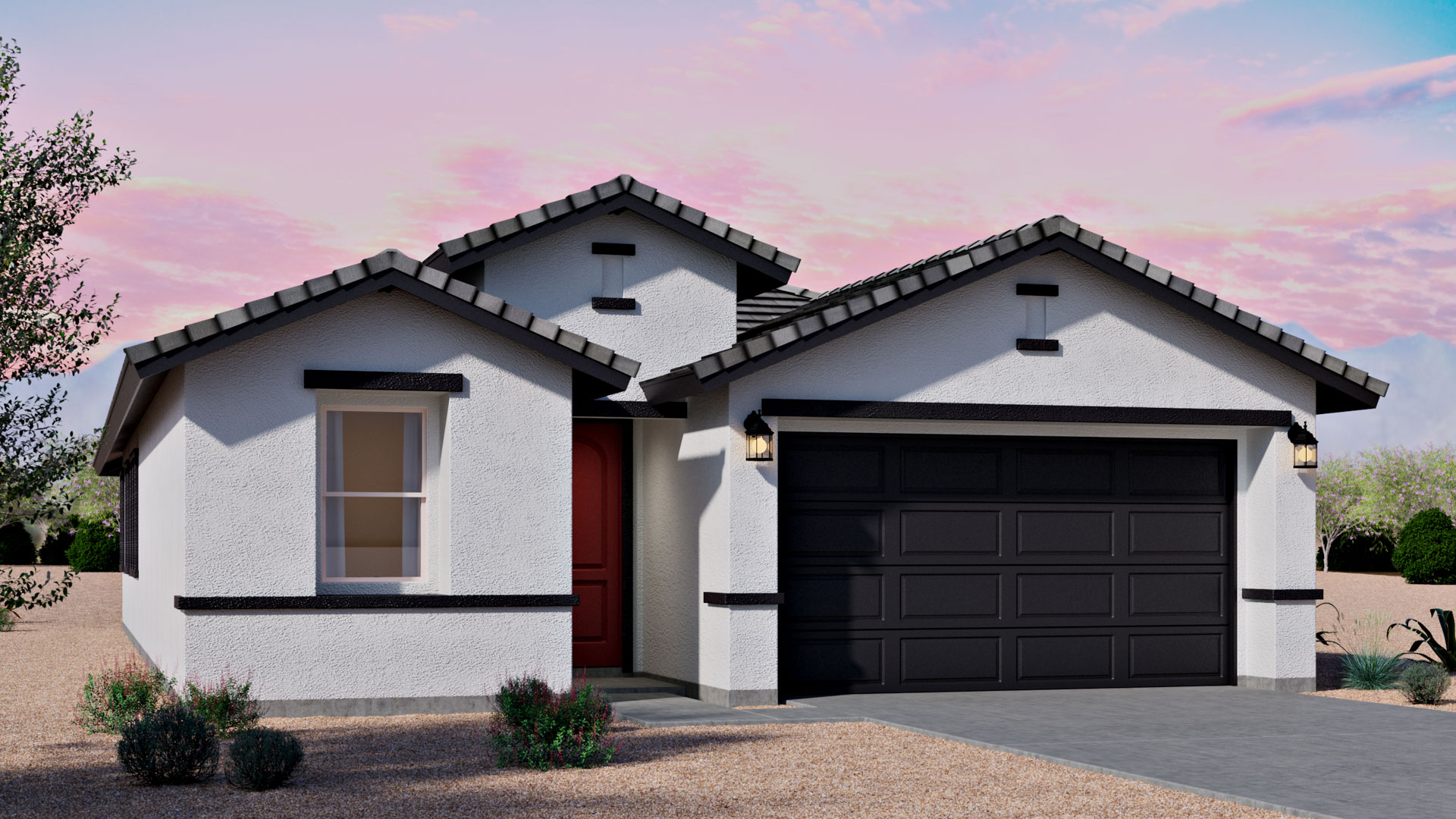 Newly built single-story home with modern architecture, a double garage, and landscaped front yard.