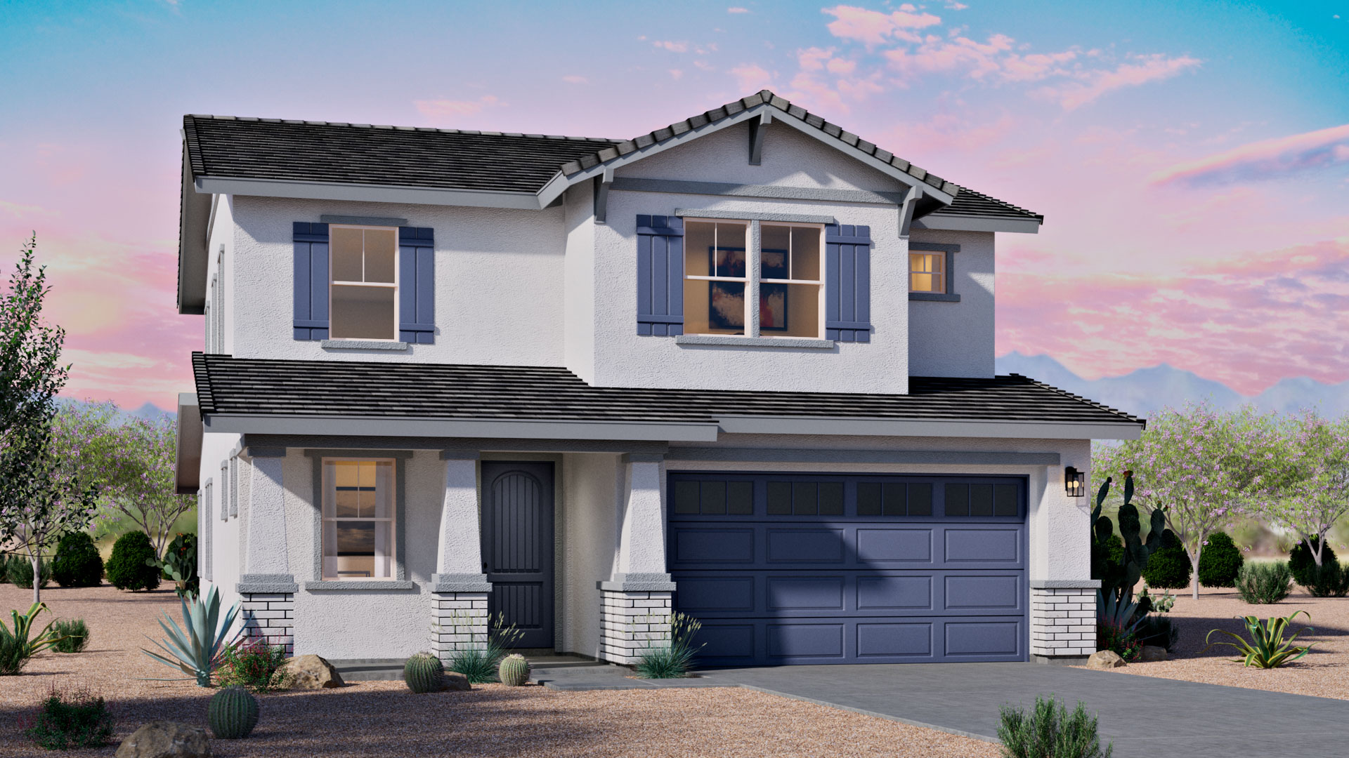 Newly built single-story home with modern architecture, a double garage, and landscaped front yard.