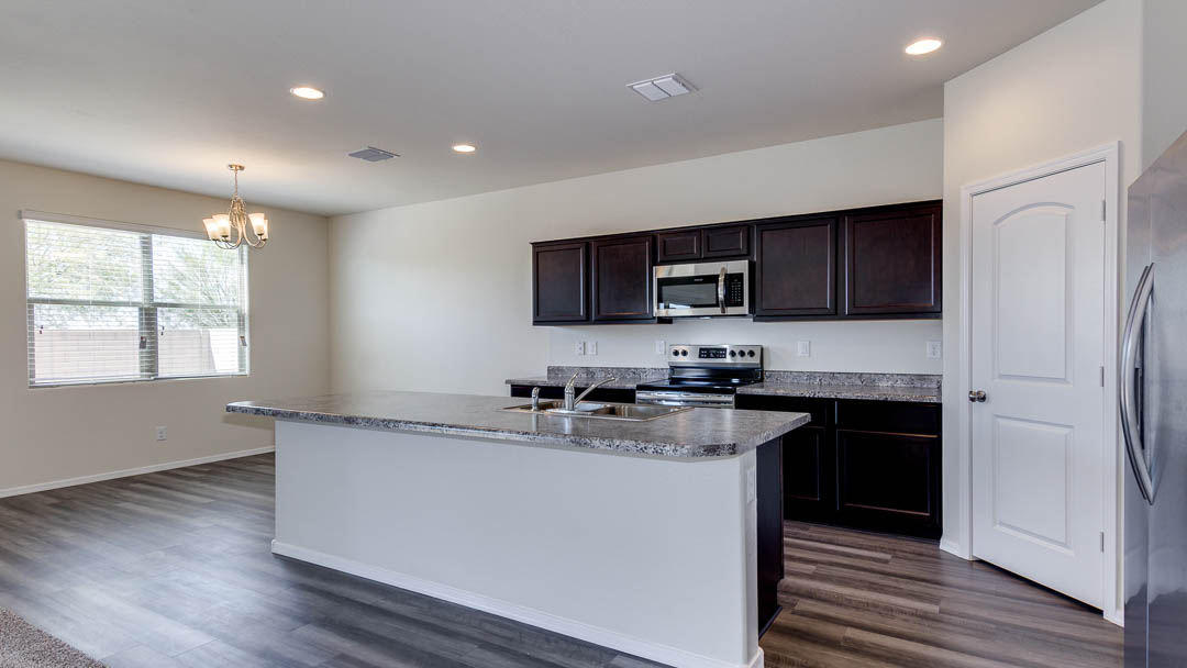 Fuji kitchen with brown cabinets
