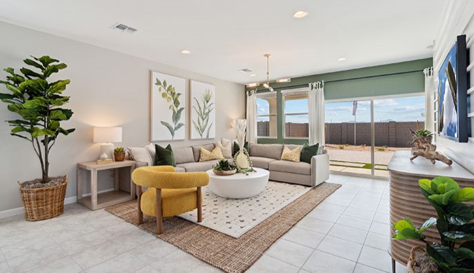 Gaven great room with sliding glass door to the backyard