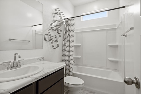 Bathroom with a sink, toilet, and shower tub.