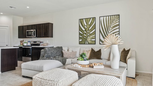 A well-organized living room that includes a kitchen and dining area, creating a warm and welcoming environment for gatherings.