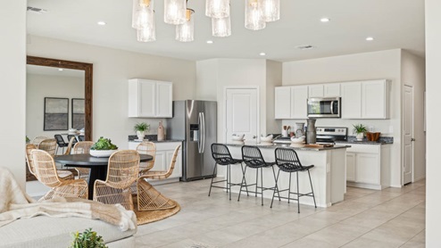 A well-organized living room that includes a kitchen and dining area, creating a warm and welcoming environment for gatherings.