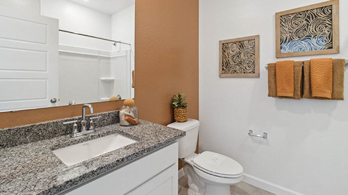 Family full bathroom with stylish vanity, mirror, polished fixtures, cabinets, tub-shower combo in Sorrento in Maricopa