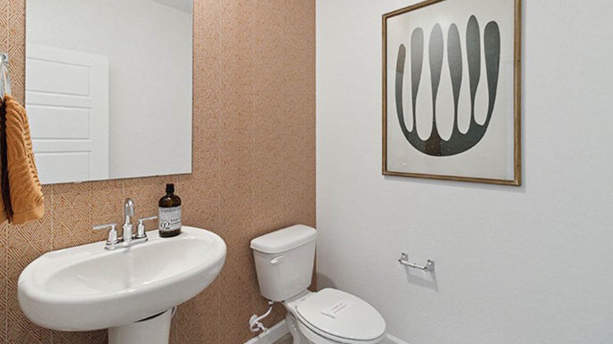 View our half bath with door opening to hallway, pedestal sink, mirror visible with shiny faucet in Sorrento in Maricopa
