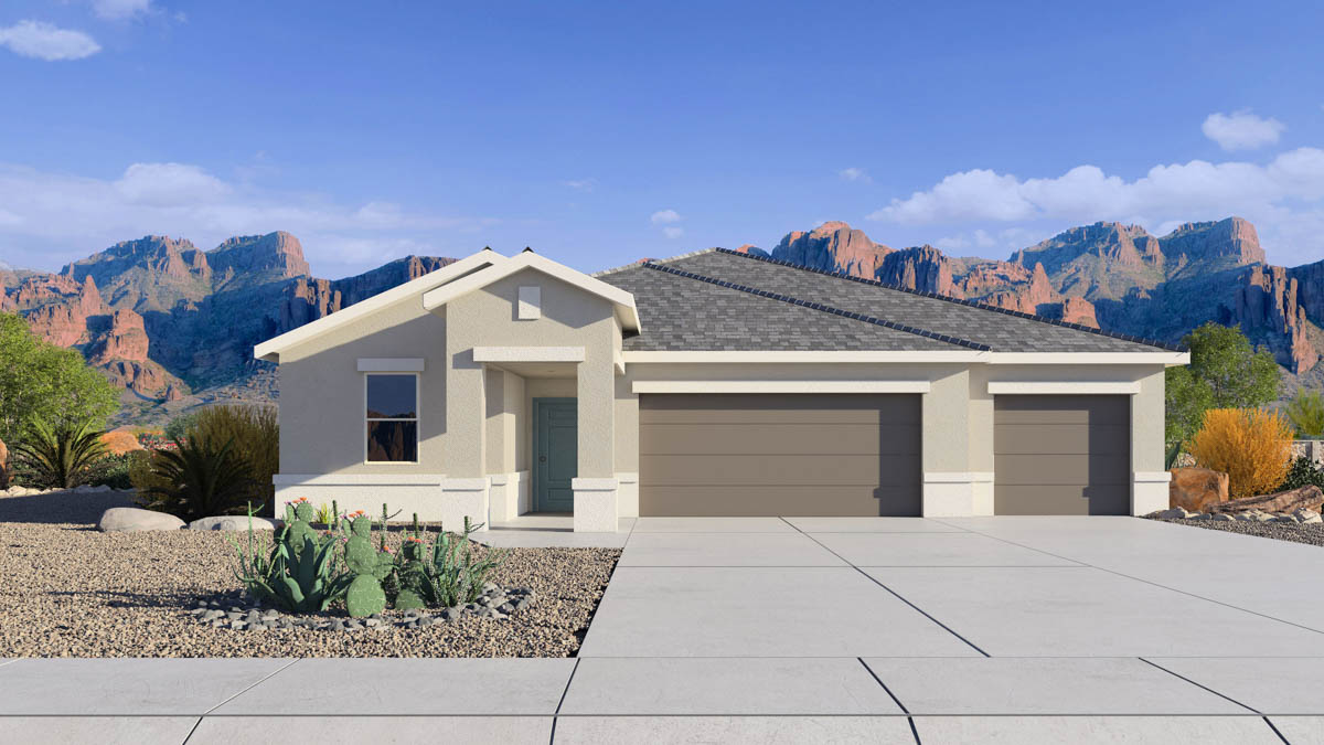 front exterior of a one story home with stucco exterior and a three car garage