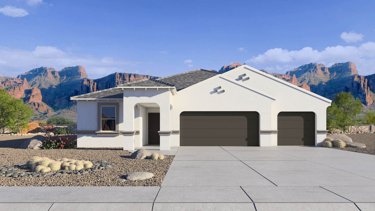 front exterior of a one story home with stucco exterior and a three car garage