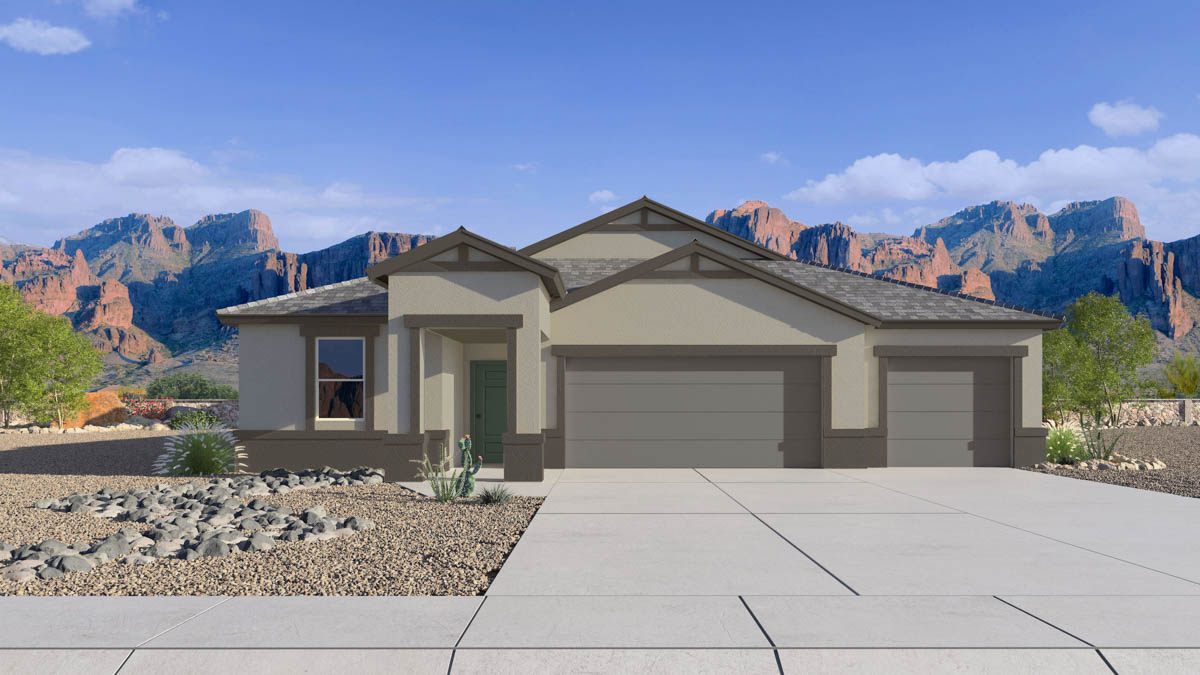 front exterior of a one story home with stucco exterior and a three car garage
