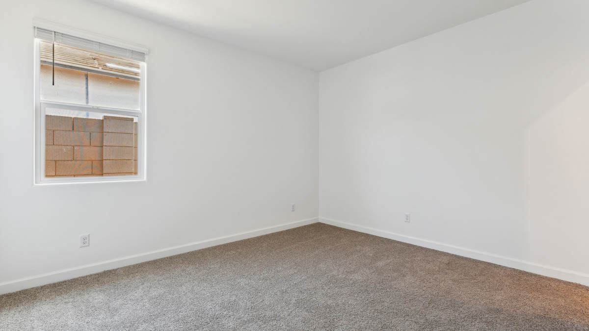bedroom with beige carpet, white walls and a window