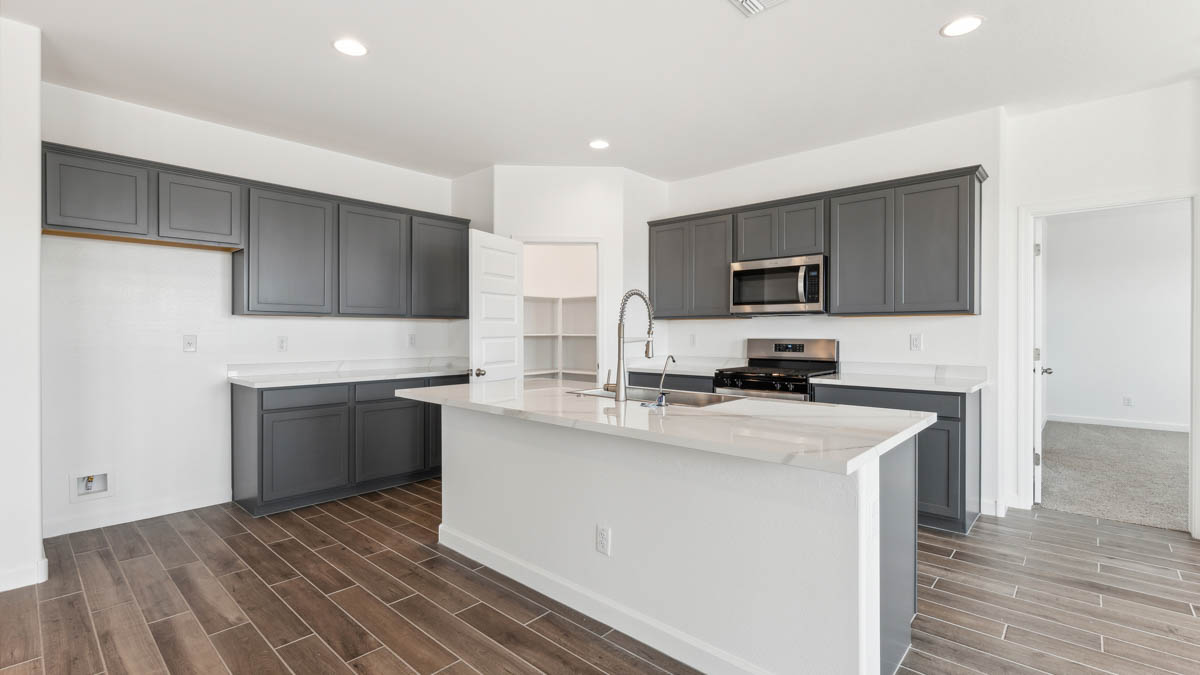 kitchen with light grey cabinetry, large island and stainless steel appliances
