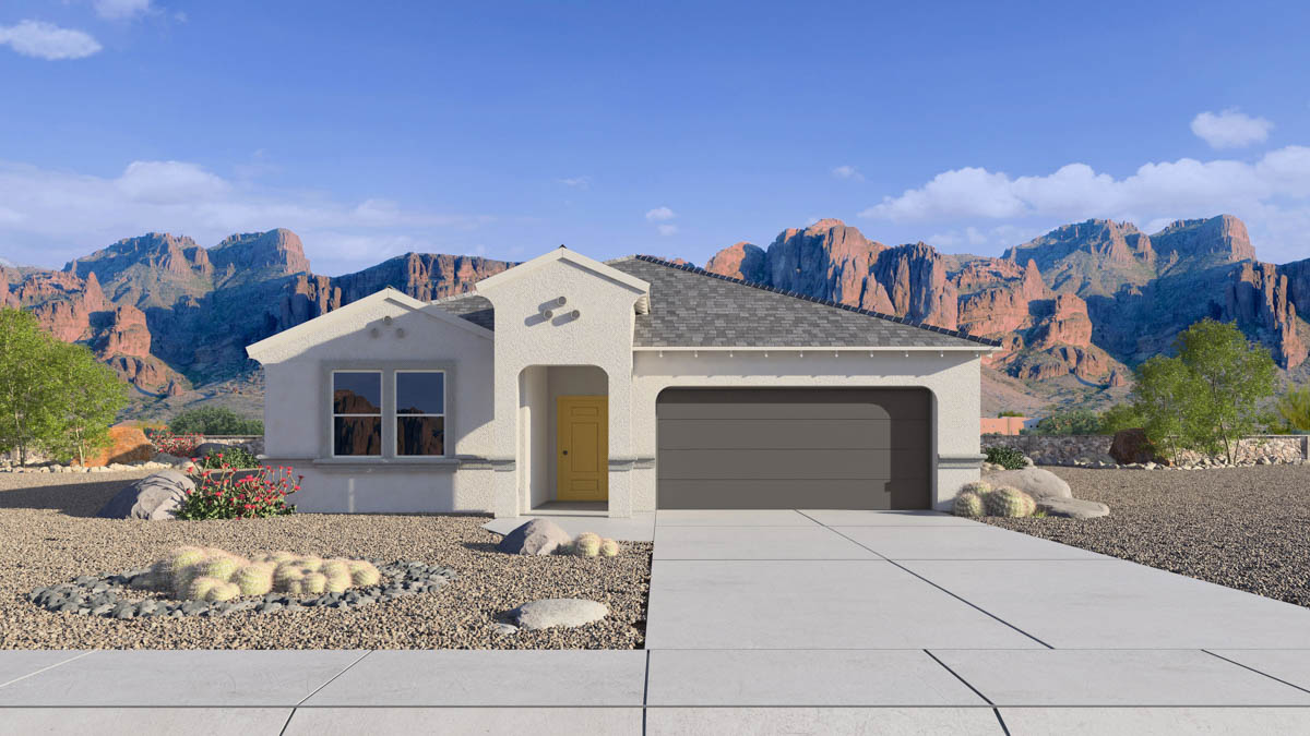 front exterior of a one story home with stucco exterior and a two car garage