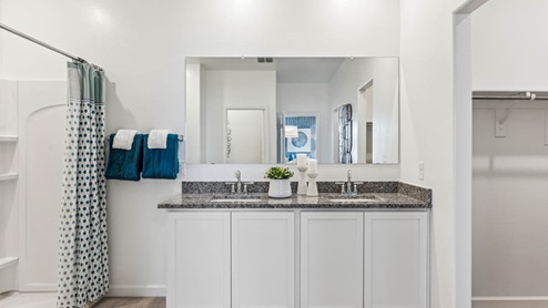 Modern primary bathroom with double vanities, granite countertops with a walk-in shower and a walk-in closet.