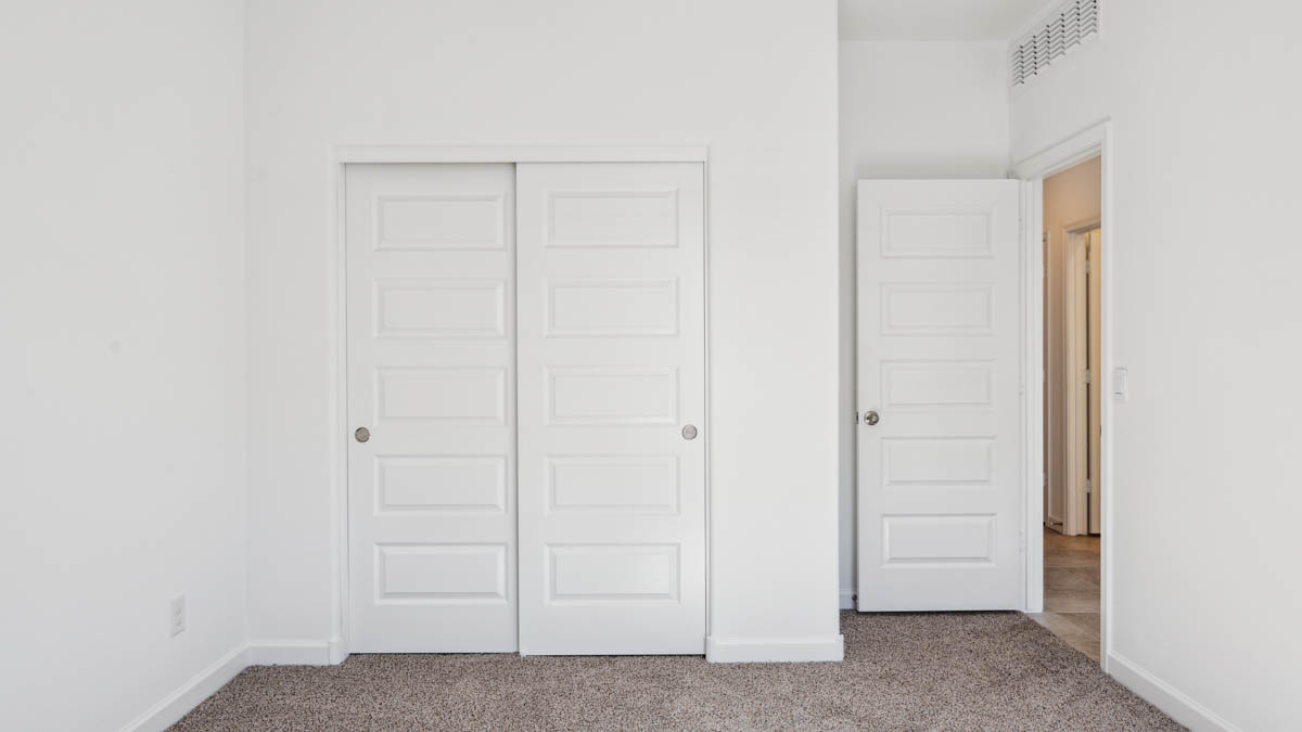 View of the bedroom overlooking the closet and hallway doors