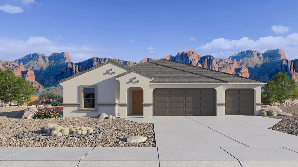 front exterior of a one story home with stucco exterior and a three car garage