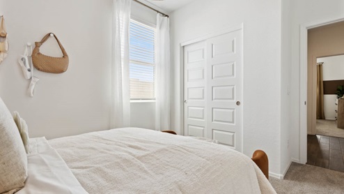 Comfortable guest bedroom featuring neutral-toned walls, carpeted flooring, and a large closet.