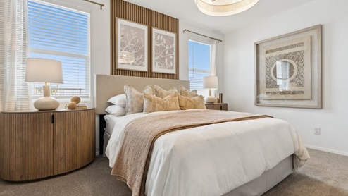 Primary bedroom with plush carpeting and a large walk-in closet.