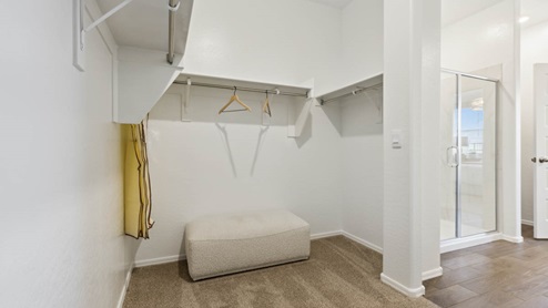 Modern primary bathroom with double vanities, with a walk-in shower and a walk-in closet.