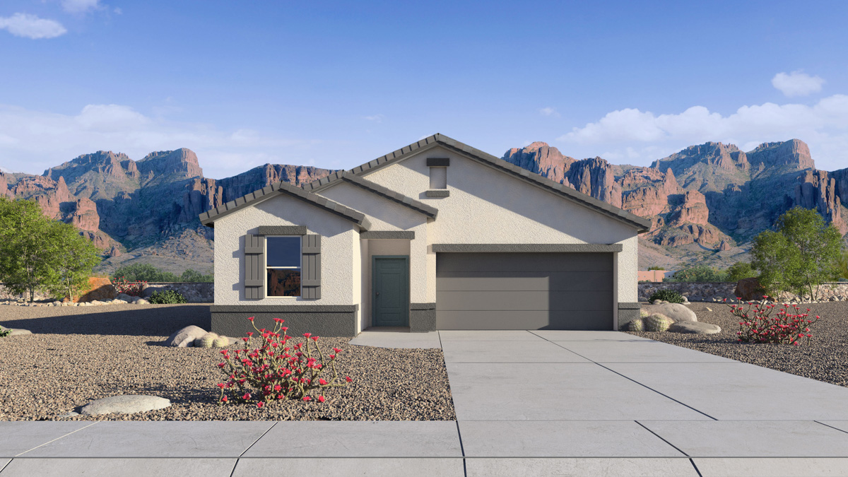 Newly built single-story home with modern architecture, a double garage, and landscaped front yard.