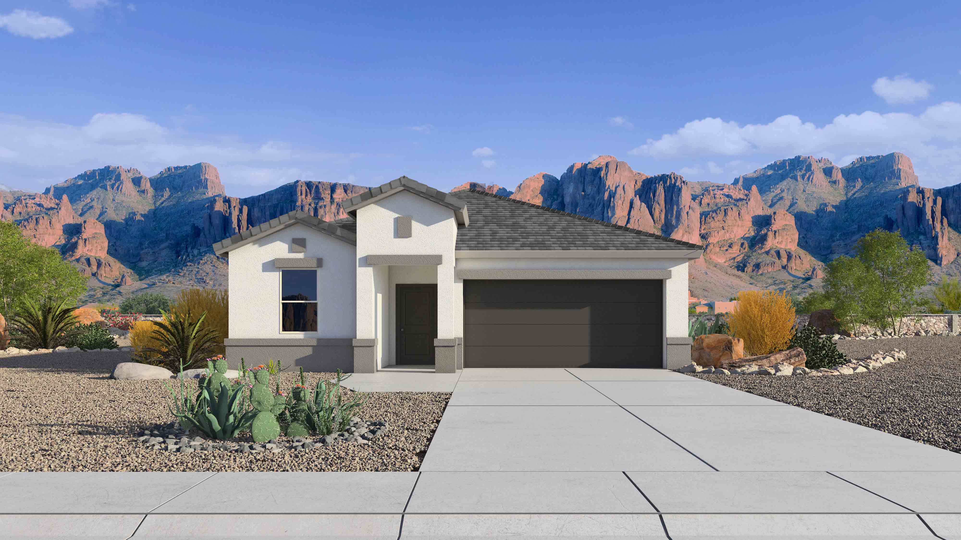 Newly built single-story home with modern architecture, a double garage, and landscaped front yard.