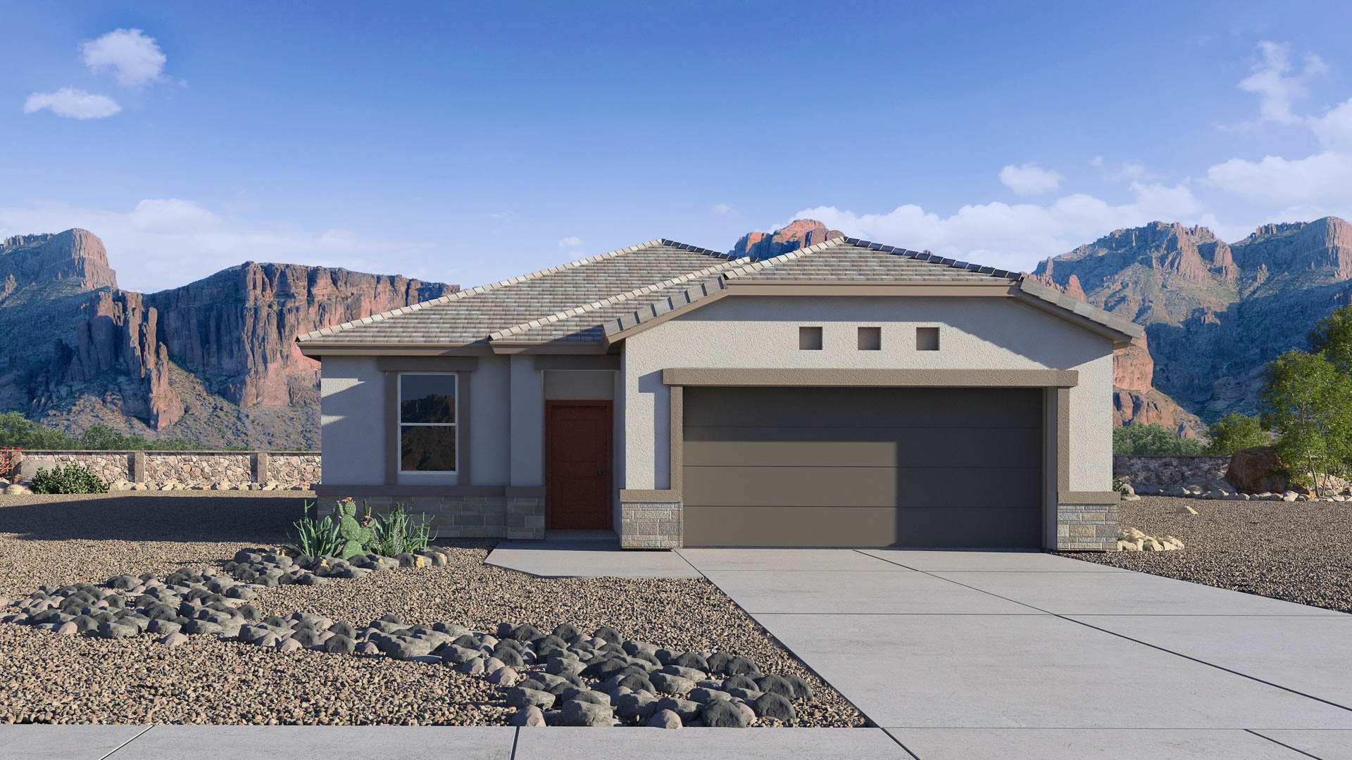 Newly built single-story home with modern architecture, a double garage, and landscaped front yard.