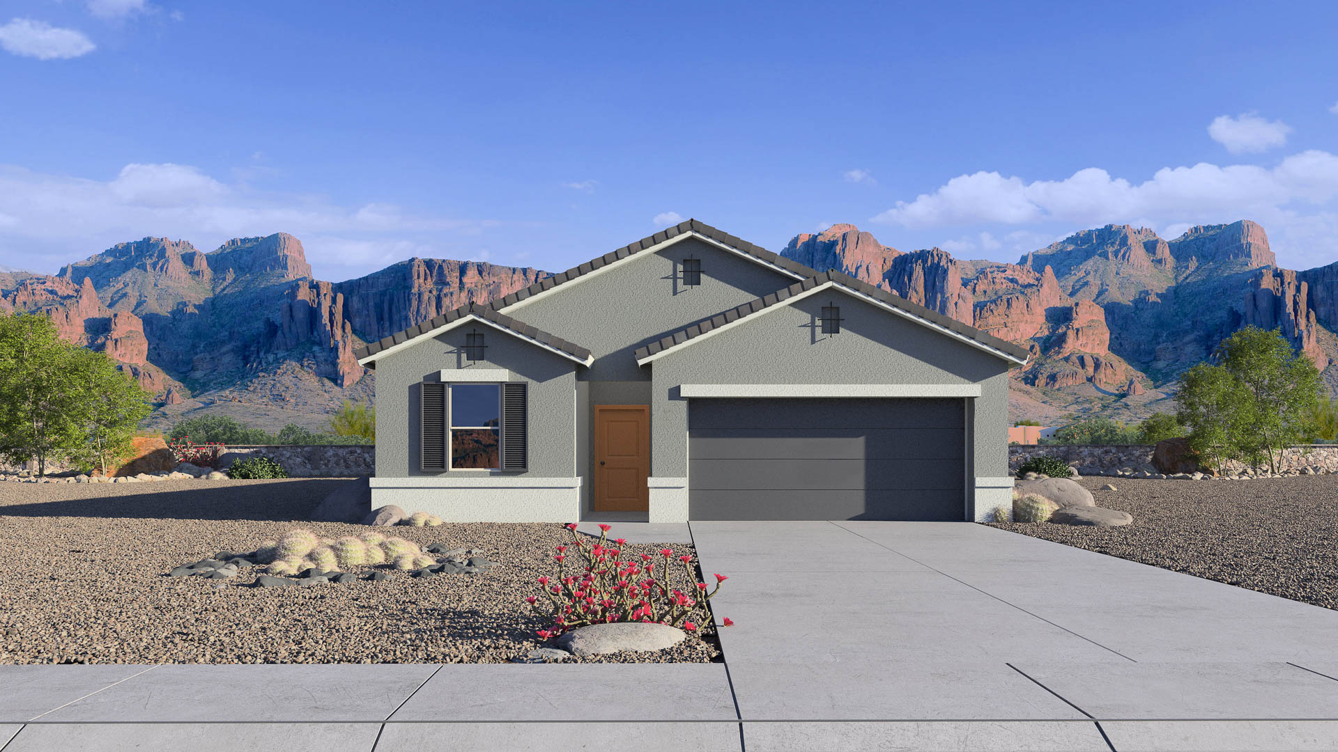 Newly built single-story home with modern architecture, a double garage, and landscaped front yard.
