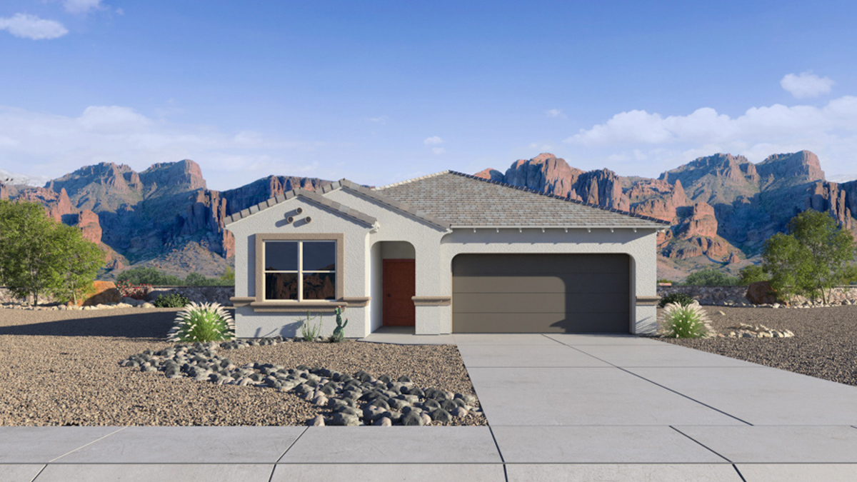 Newly built single-story home with modern architecture, a double garage, and landscaped front yard.