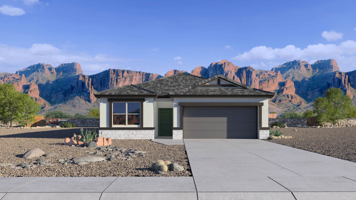 Newly built single-story home with modern architecture, a double garage, and landscaped front yard.