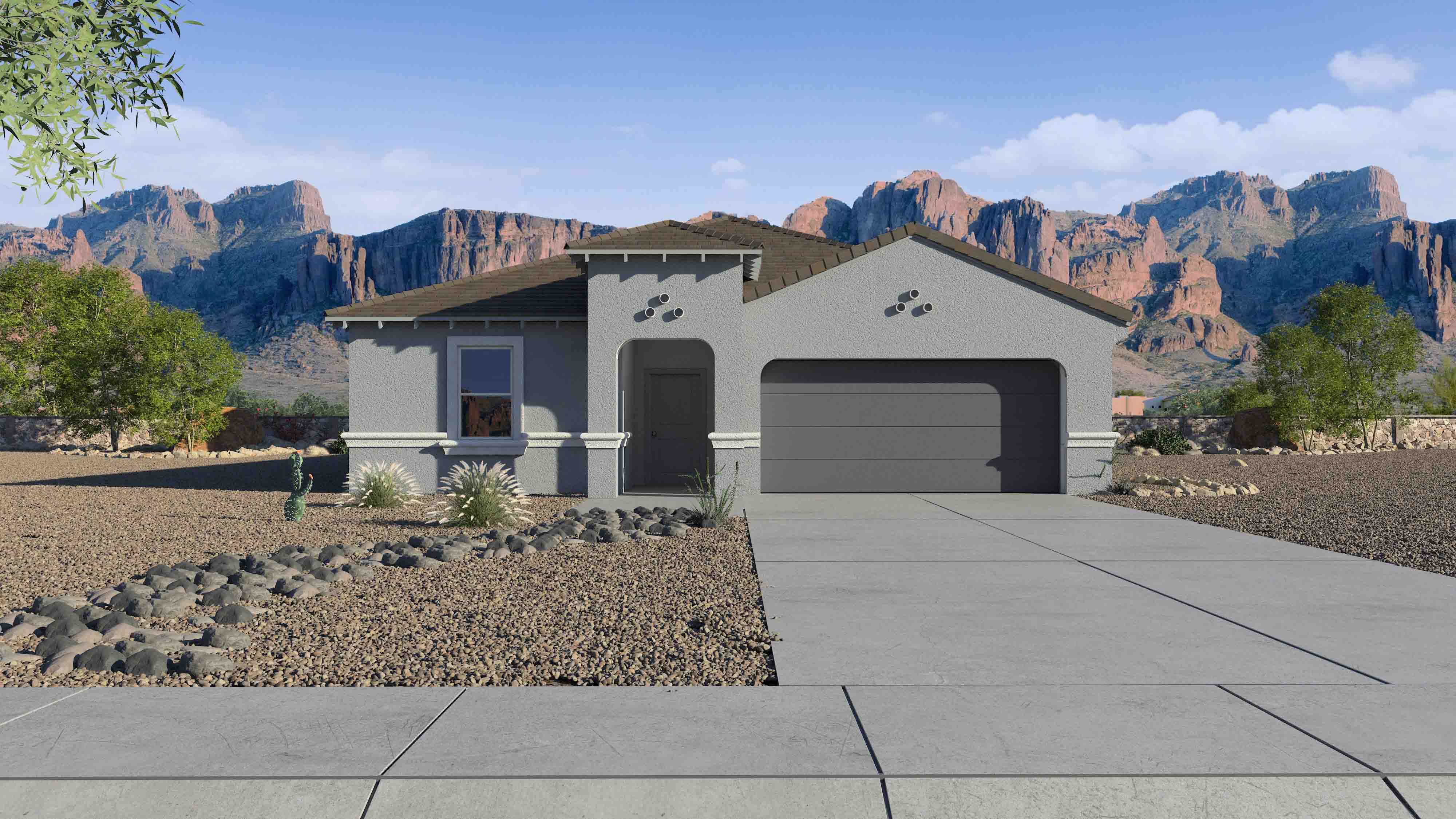 Newly built single-story home with modern architecture, a double garage, and landscaped front yard.