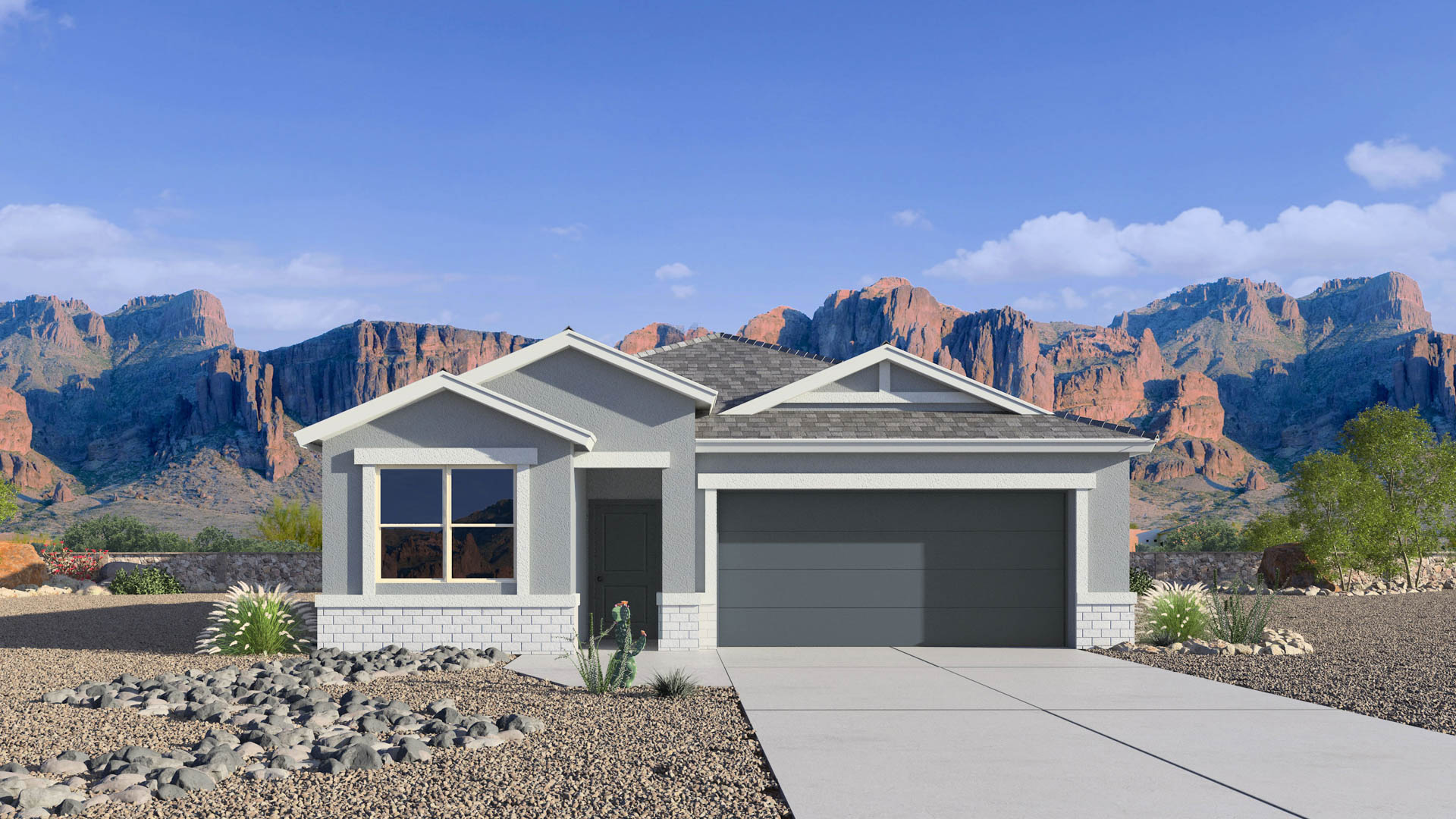 Newly built single-story home with modern architecture, a double garage, and landscaped front yard.