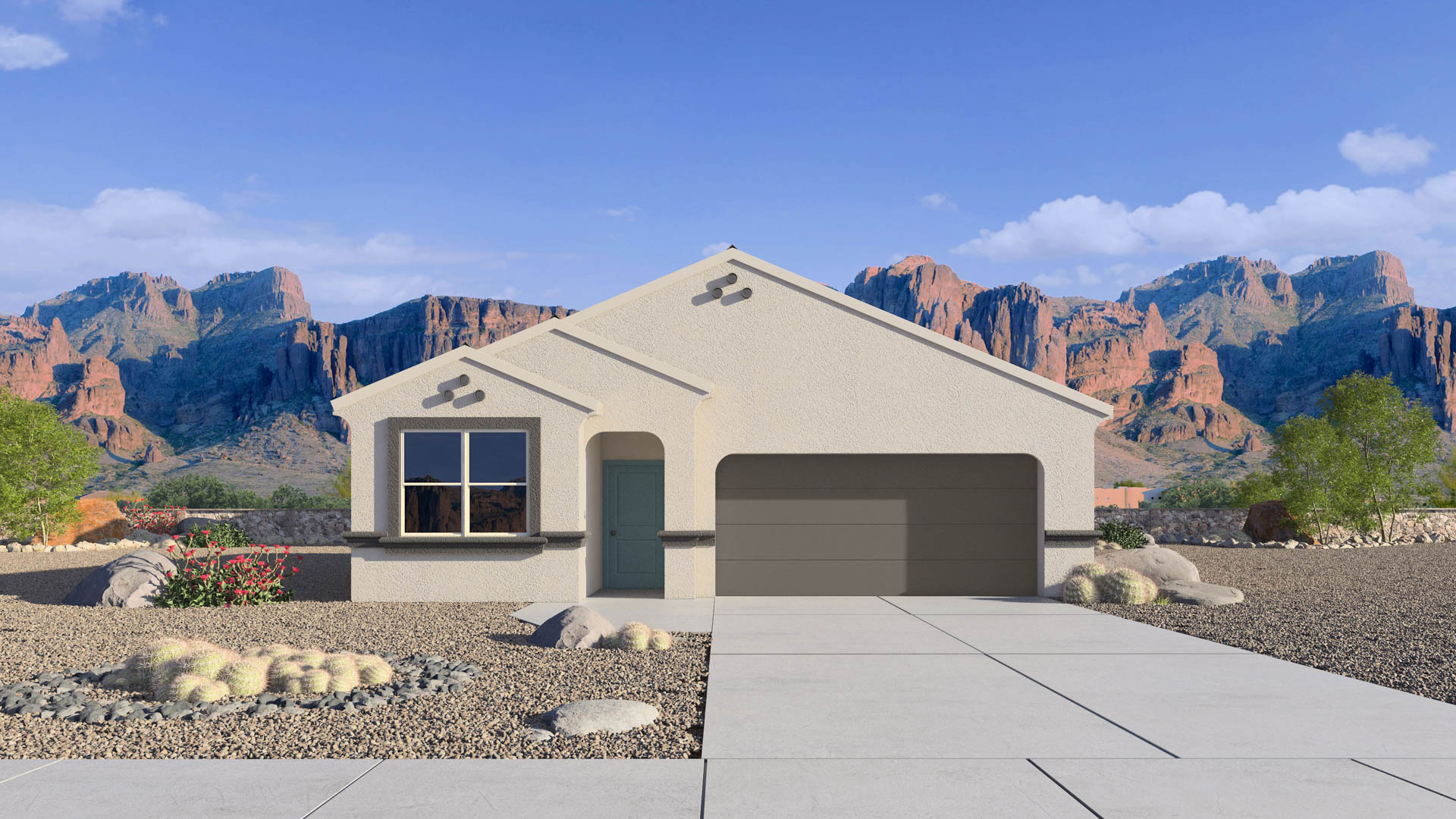 Newly built single-story home with modern architecture, a double garage, and landscaped front yard.