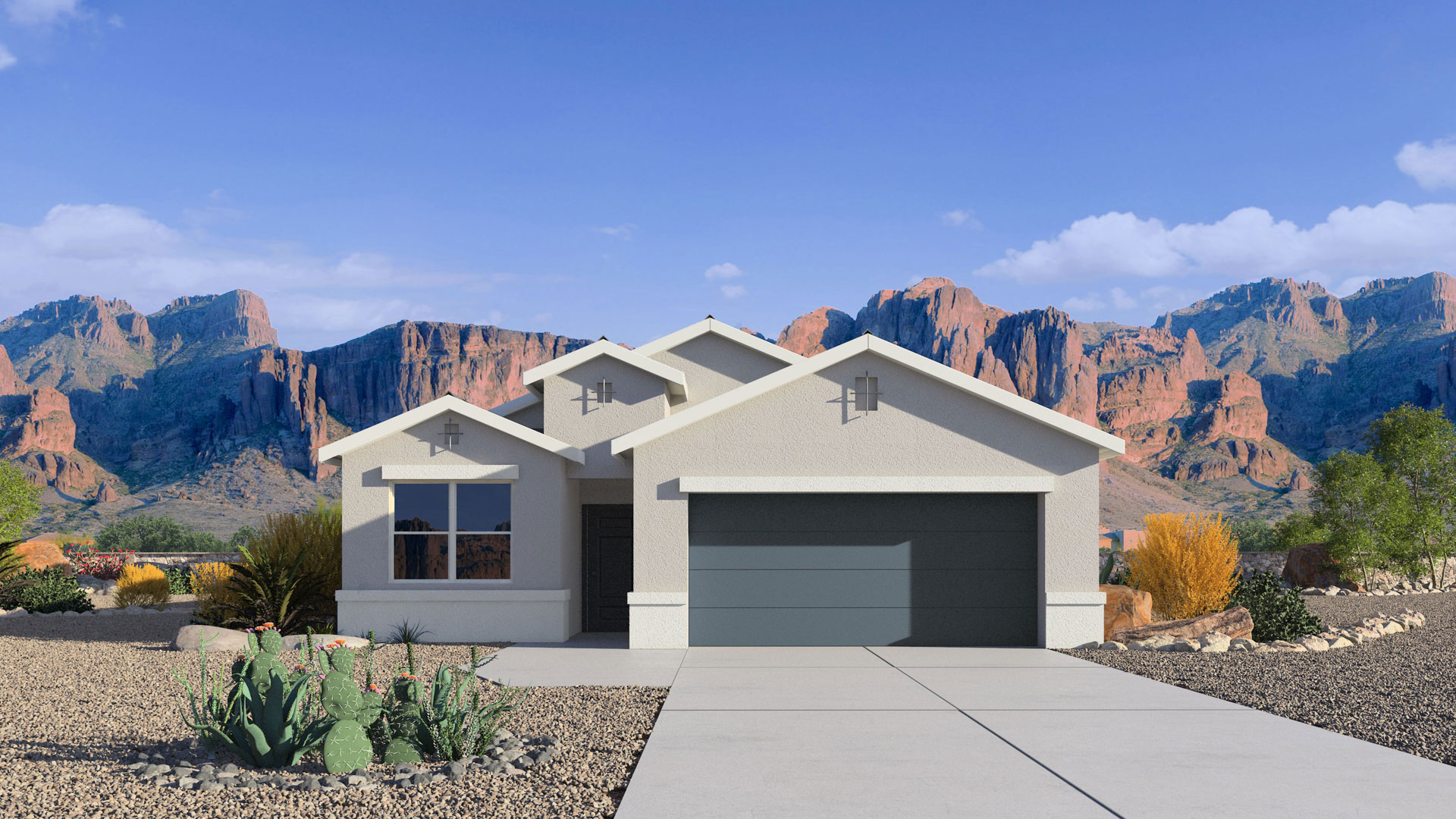 Newly built single-story home with modern architecture, a double garage, and landscaped front yard.
