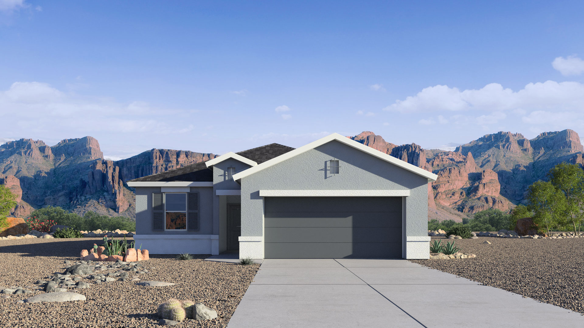 Newly built single-story home with modern architecture, a double garage, and landscaped front yard.