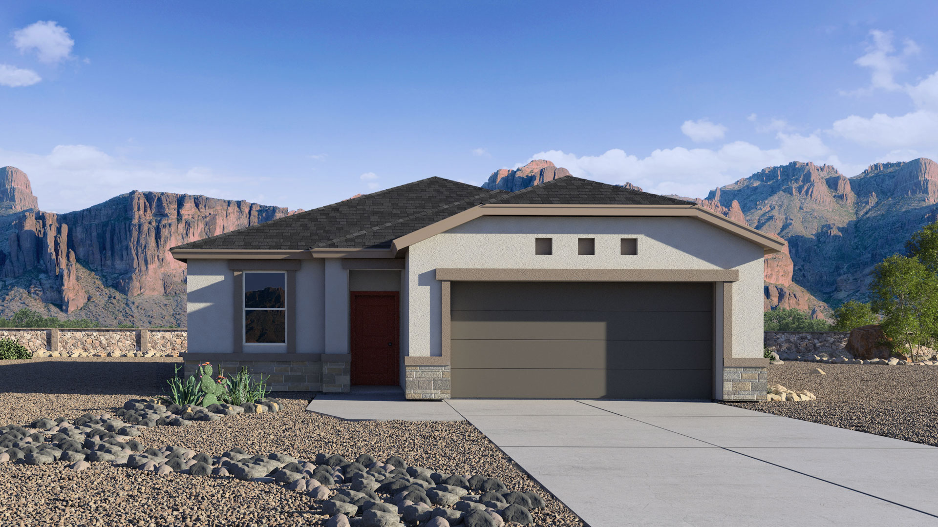 Newly built single-story home with modern architecture, a double garage, and landscaped front yard.