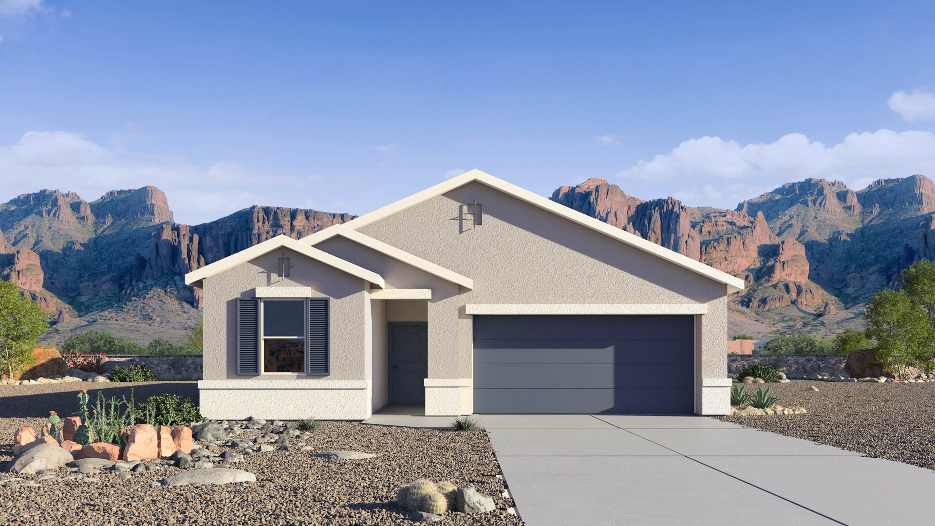 Newly built single-story home with modern architecture, a double garage, and landscaped front yard.