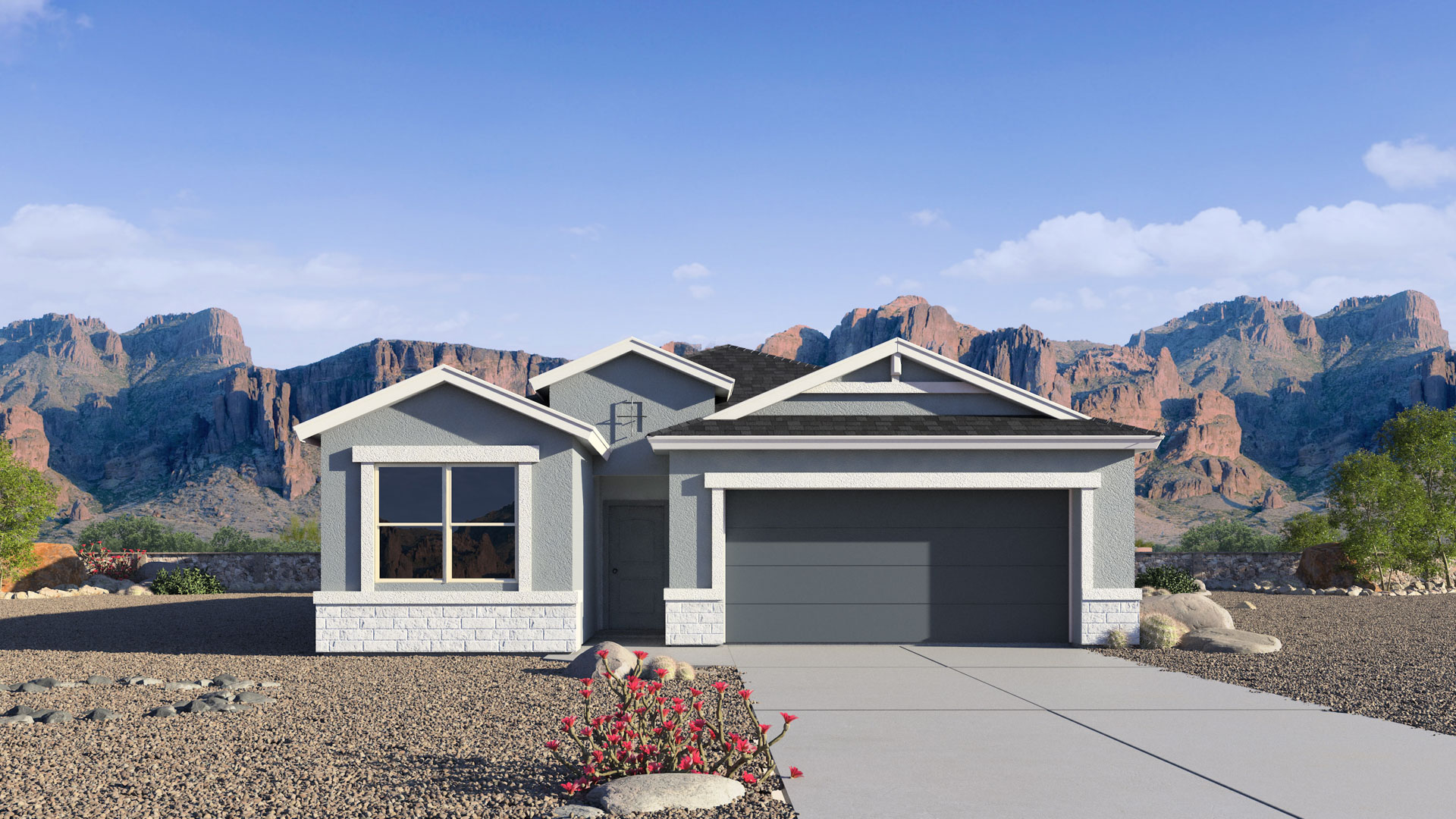 Newly built single-story home with modern architecture, a double garage, and landscaped front yard.