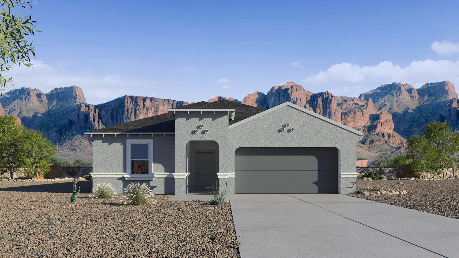 Newly built single-story home with modern architecture, a double garage, and landscaped front yard.