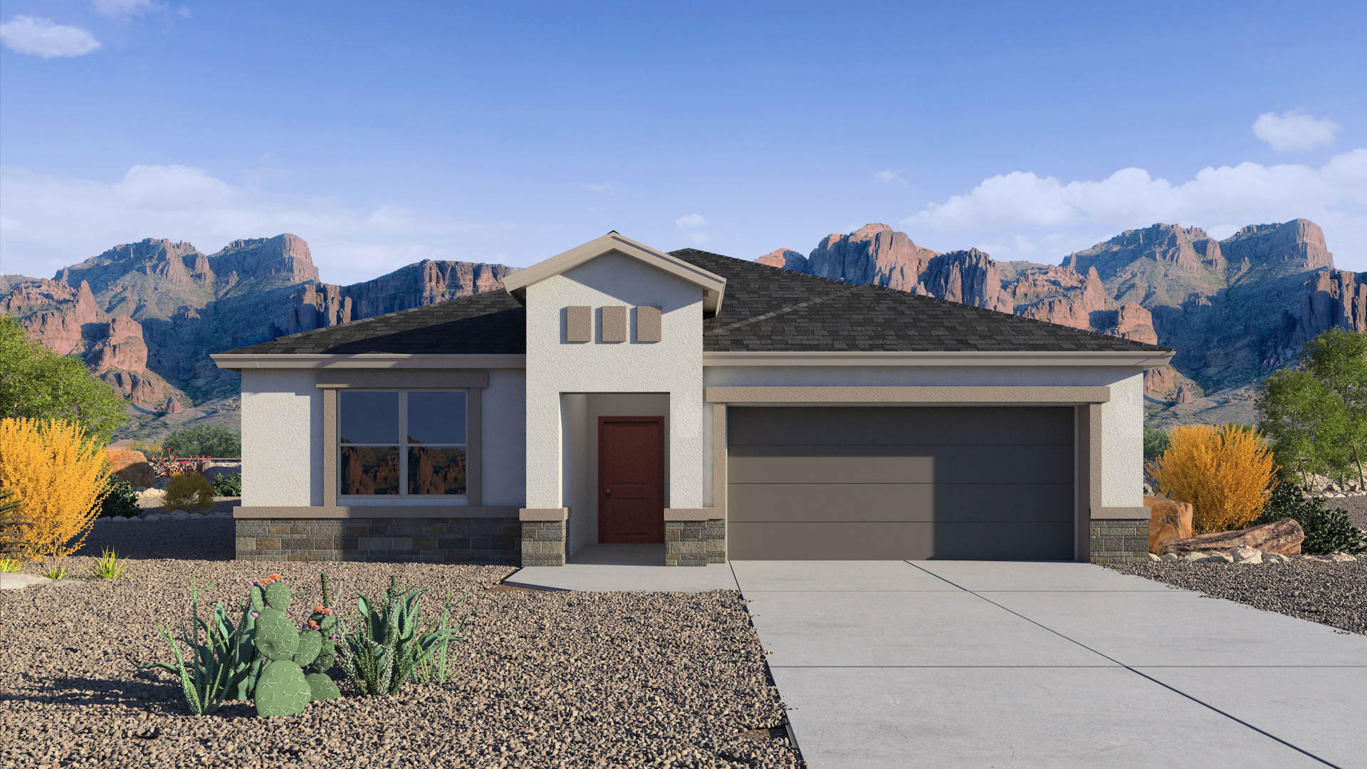 Newly built single-story home with modern architecture, a double garage, and landscaped front yard.