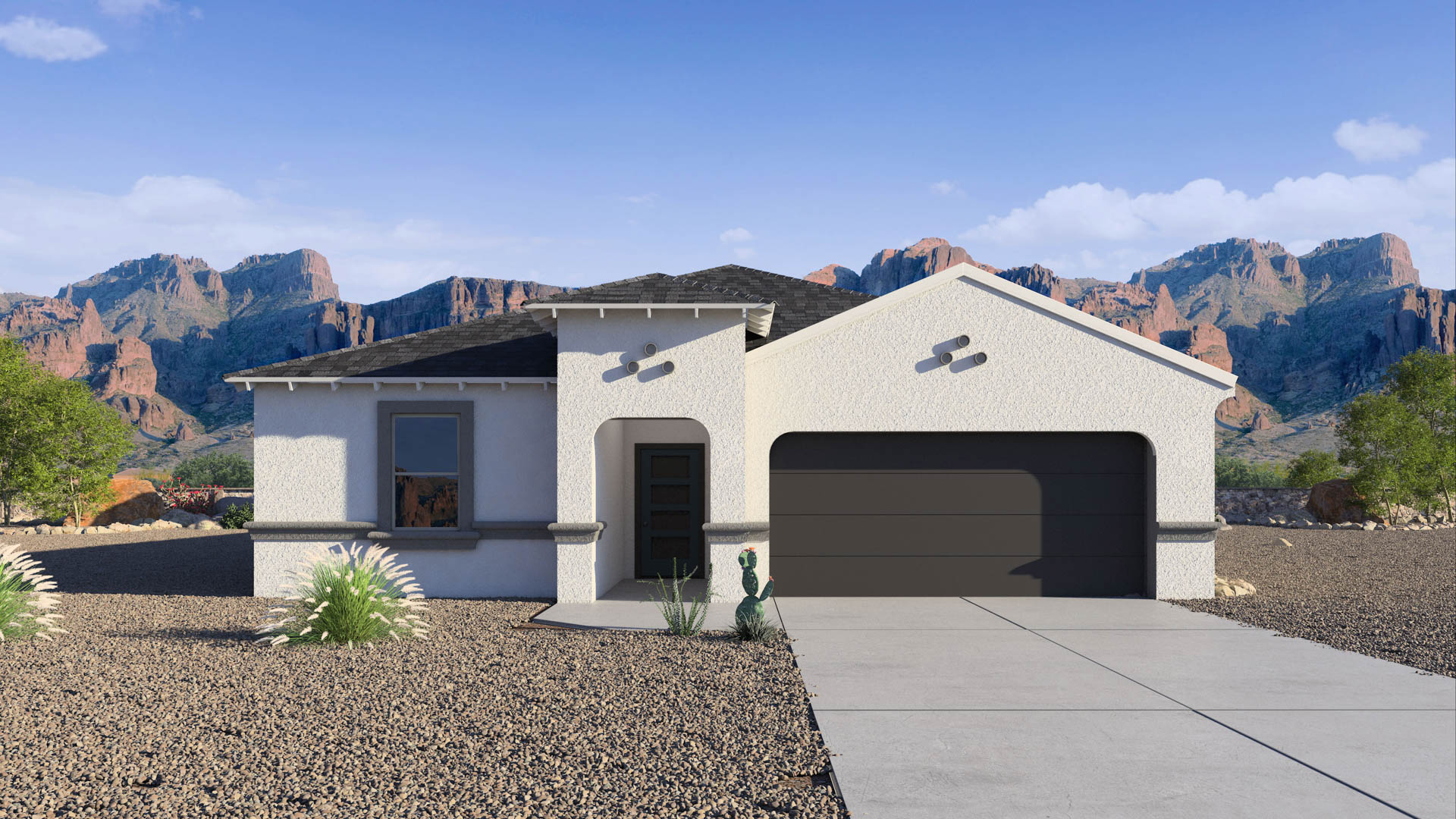 Newly built single-story home with modern architecture, a double garage, and landscaped front yard.